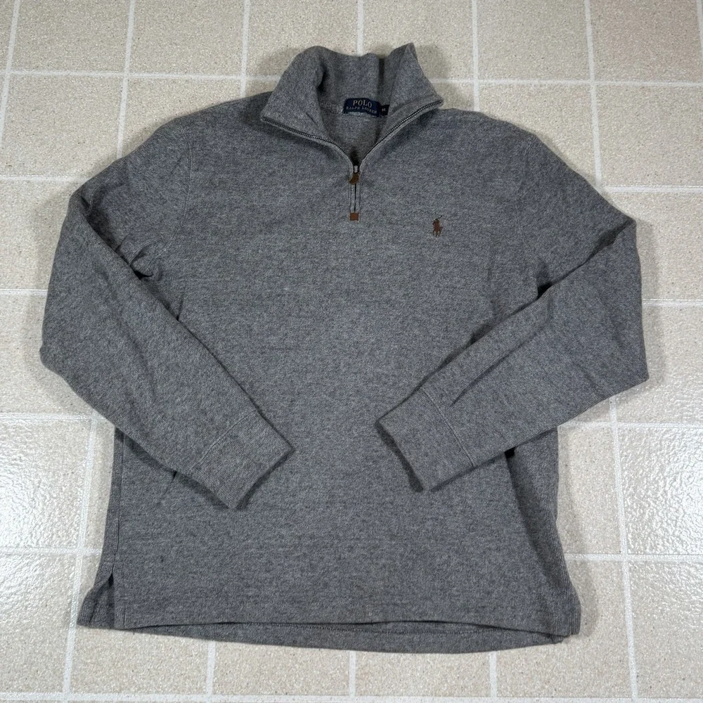 Polo Ralph Lauren Soft Cotton Heather Grey Brown Pony 1/4 Quarter Zip Sweater M